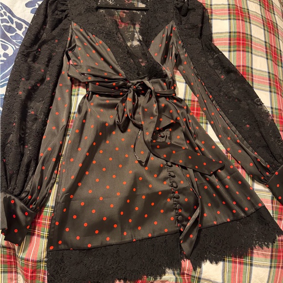 For Love And Lemons Black and Red Polka Dot Lace Sleepwear. - Picture 3 of 4